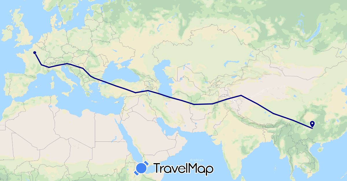TravelMap itinerary: driving in Afghanistan, Bulgaria, China, France, Croatia, Iran, Italy, Serbia, Slovenia, Turkey (Asia, Europe)