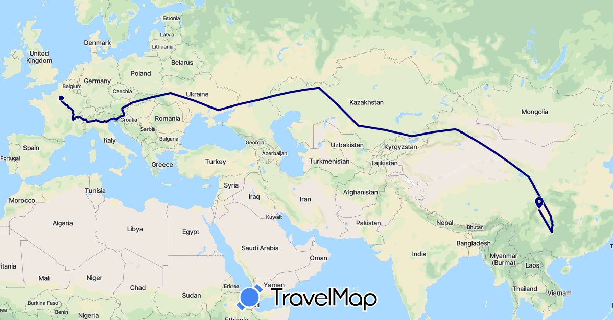 TravelMap itinerary: driving in Austria, China, France, Kazakhstan, Russia, Slovenia, Slovakia, Ukraine (Asia, Europe)